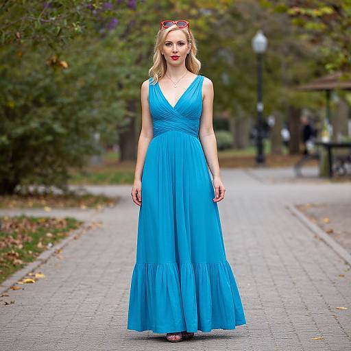 Photograph of a blonde woman in a blue V-neck maxi dress, standing on a park path, with trees and blurred background.