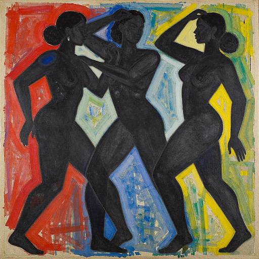 Abstract painting of three black silhouetted nude women with colorful background: red, blue, yellow, and green. Each woman poses confidently, highlighting