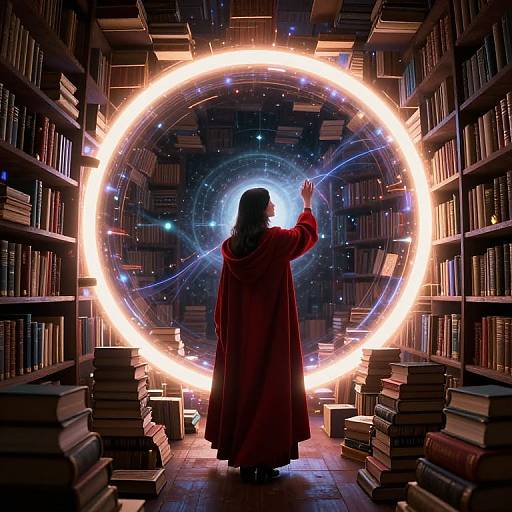 Photograph-like digital art: Silhouetted woman in red robe, back facing, raises hand in library with glowing, circular light halo, surrounded