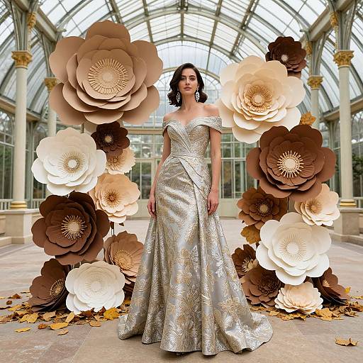 Elegant Woman Amidst Giant Paper Flowers