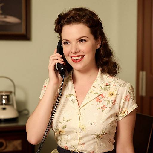 Photograph of a smiling 1950s-style woman with curly brown hair, red lipstick, white floral blouse, holding a black corded phone.