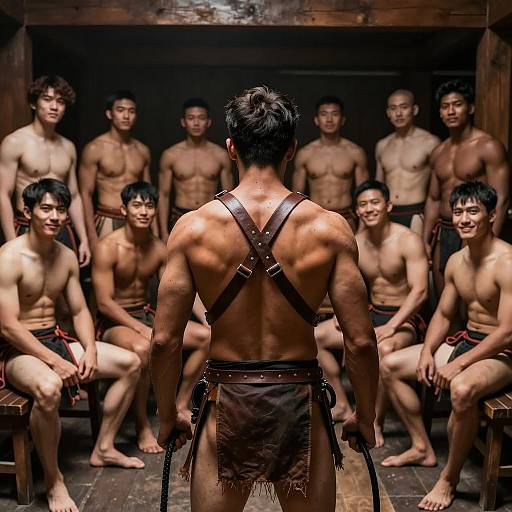 Intense Gathering in a Dark Wooden Room