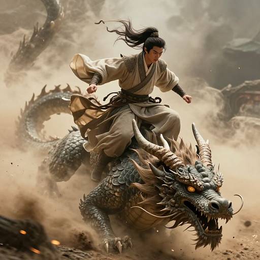 Digital artwork of an Asian warrior with long black hair riding a fierce, dragon-like creature through dusty, cloudy terrain. Warrior wears beige robes, creature has