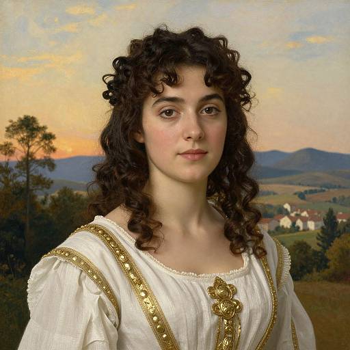 Photograph-style painting of a young woman with curly brown hair, fair skin, wearing a white, gold-embellished medieval-style dress, against
