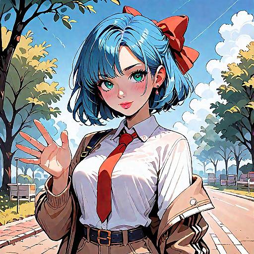Blue-Haired Girl Waving in Sunny Park