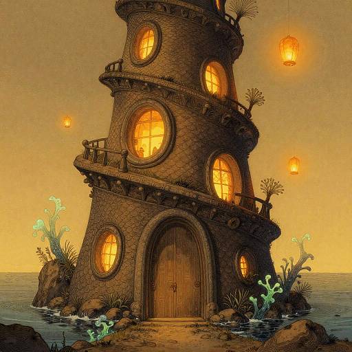 Digital illustration of a whimsical, stone tower with glowing yellow windows, surrounded by glowing lanterns, strange plants, and water at sunset.