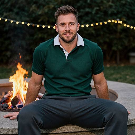 Photograph of a muscular, bearded man with short brown hair, wearing a dark green polo and black pants, seated on a concrete fire pit,
