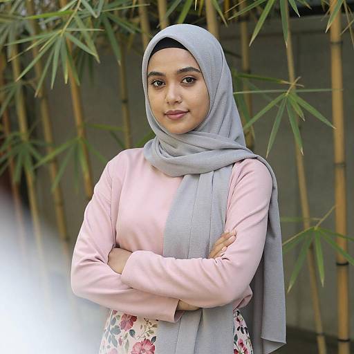 Photograph of a young South Asian woman with light brown skin, wearing a gray hijab and pink long-sleeve top, standing with arms crossed