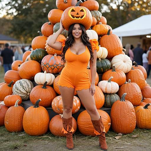 Photograph of a curvy woman with long black hair, wearing an orange pumpkin hat, orange bodysuit, and brown boots, standing in front