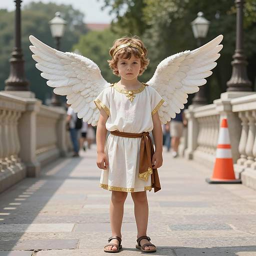 Child Dressed as Ancient Roman Angel on Bridge