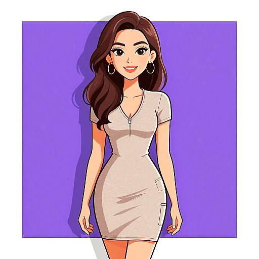 Digital anime-style illustration of a smiling woman with long brown hair, wearing a tight, short-sleeve, white dress with a zipper, standing against