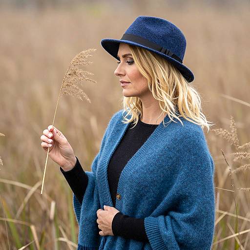 Blonde Woman in Blue Shawl in Field