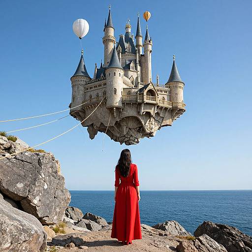 Photograph of a woman in a red dress standing on rocky coastline, gazing at a floating, fairy-tale castle with balloons and a clear blue