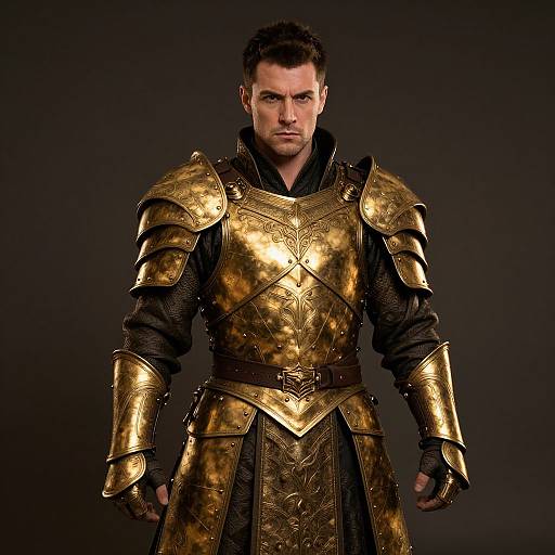 Photograph of a serious, dark-haired man in gleaming gold medieval armor with intricate designs, standing against a black background.