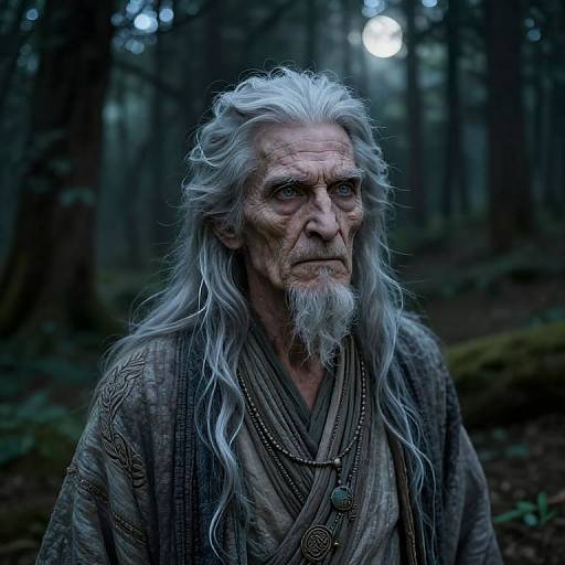 Photorealistic Portrait of Mystic with Silver Hair in Moonlit Forest