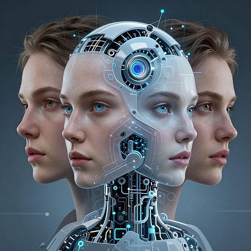 Photorealistic CGI of three human faces, one with a cybernetic head featuring glowing blue circuits, against a dark gradient background.