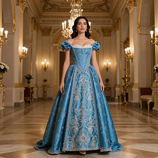 Photograph of a woman in a blue, ornate, baroque-style gown with puffed sleeves, standing in a luxurious, gold-accented