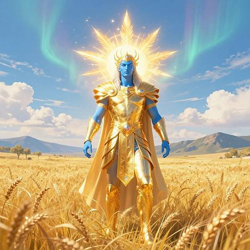 Photograph of a blue-skinned, golden-armored deity with radiant sun crown, standing in a golden wheat field under a bright blue sky with aur