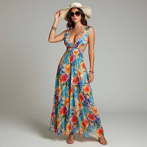 Photograph of a woman in a vibrant, floral-patterned, blue maxi dress with a deep V-neck, wearing a wide-brimmed hat and