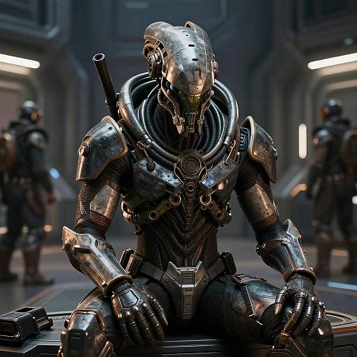 Photorealistic CGI of a metallic, cybernetic soldier with a shiny, reflective suit, sitting in a dimly lit futuristic hallway, with blurred