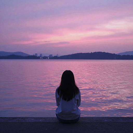 Photograph of a person with long hair, silhouetted against a vibrant, pink and purple sunset over a calm lake.