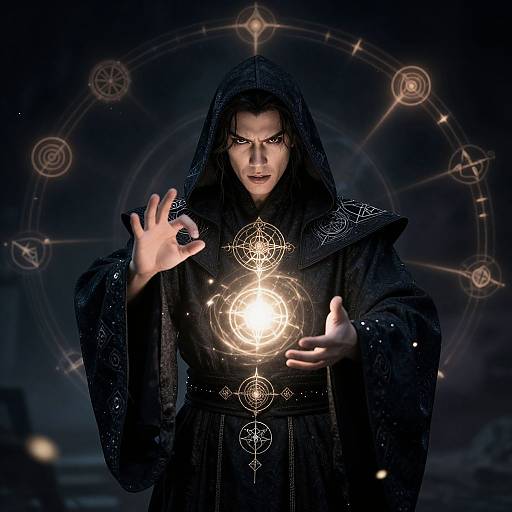Photograph of a mysterious, dark-robed male sorcerer with intense eyes, glowing magical circle in hand, surrounded by geometric symbols against a dark,
