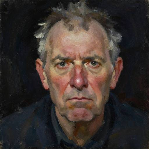 Oil painting of an older man with short gray hair, intense gaze, and wrinkled face, set against a dark, textured background.