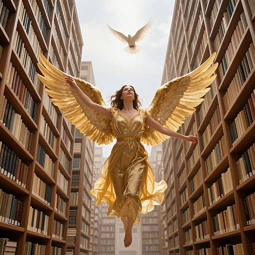 Photograph-like digital art: Golden-winged woman in flowing golden dress, mid-flight, between towering book-filled library aisles, with a white dove