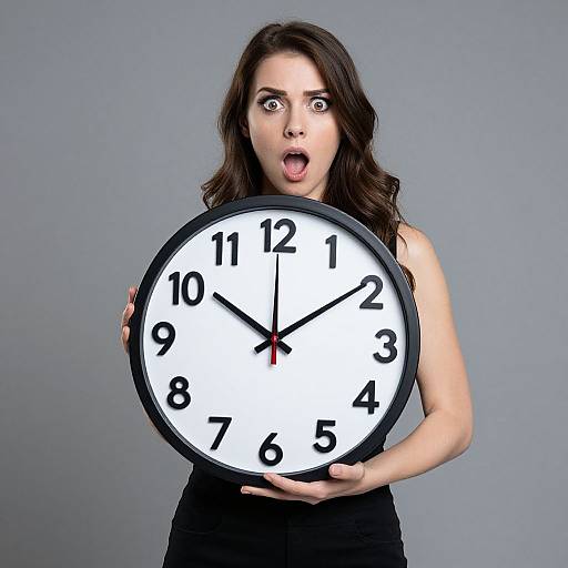Surprised Woman Holding Large Clock