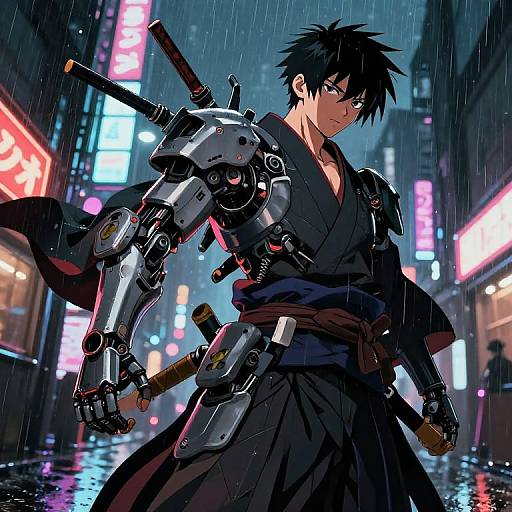 Cyborg samurai in a rainy neon-lit street, wearing a black kimono, mechanical arm with a sword, holding another sword, futuristic anime