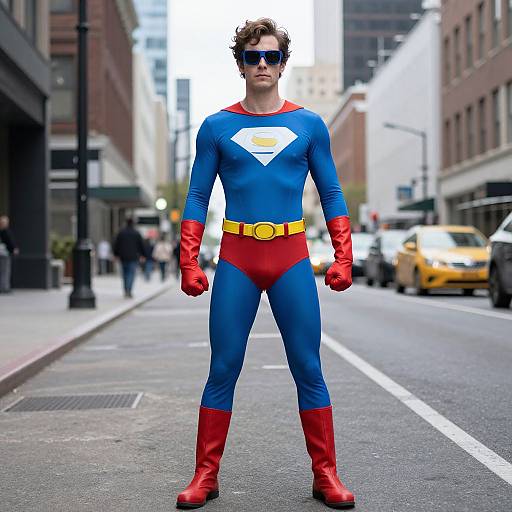 Photograph of a man in a Superman costume standing on an urban street, wearing sunglasses, red boots, gloves, and belt. Background shows city buildings