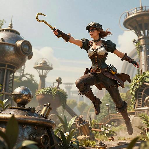 Steampunk Female Inventor Leaping with Grappling Hook