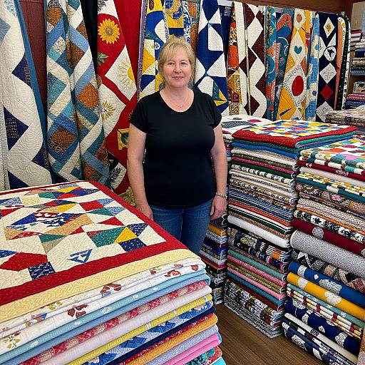 Photograph of a smiling blonde woman in a black shirt standing among colorful quilt stacks, showcasing intricate geometric and floral patterns.