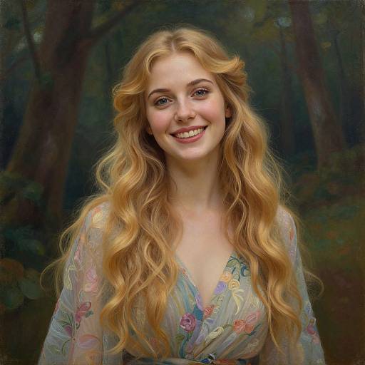 Photorealistic portrait of a smiling young woman with long, wavy blonde hair, wearing a floral, sheer blouse, set against a dark forest background