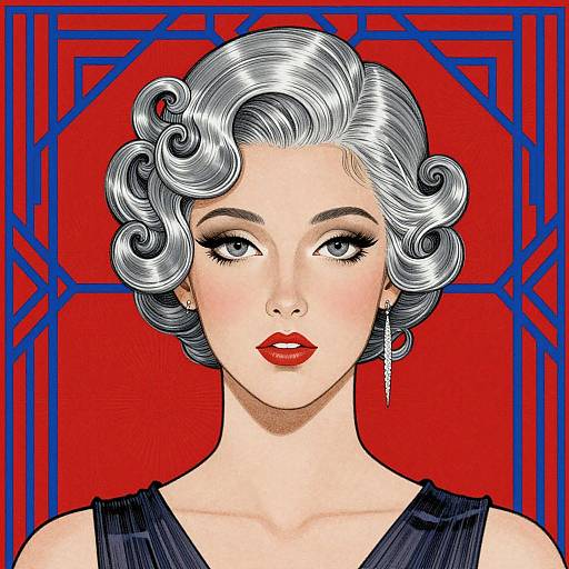 Digital illustration of a pale-skinned woman with silver, curled hair, red lips, and black dress, against a vibrant red background with blue geometric patterns