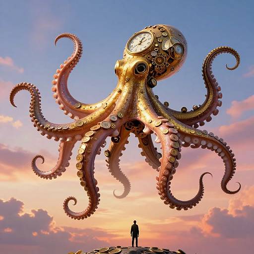 Photograph of a giant, golden mechanical octopus with clock faces, pink suction cups, and curled tentacles against a pink and blue sunset sky,