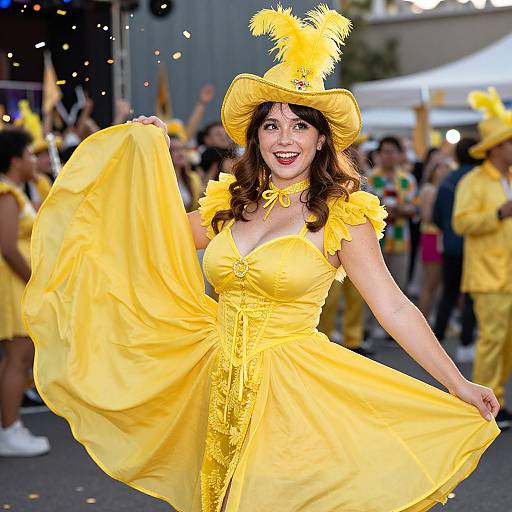 Photograph of a smiling woman in a bright yellow, flared dress and matching hat with feathers, twirling at a vibrant outdoor parade. Background shows