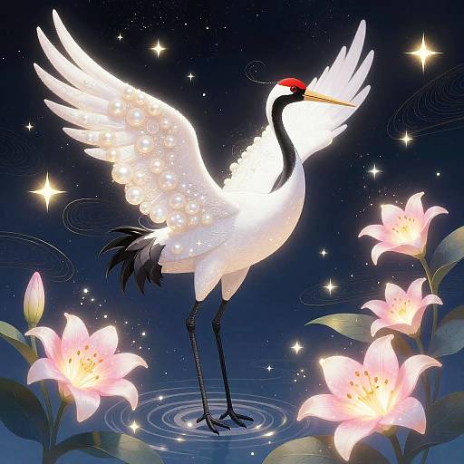 Digital illustration of a glowing white crane with sparkling wings, standing on water, surrounded by luminescent pink lotus flowers against a starry night sky