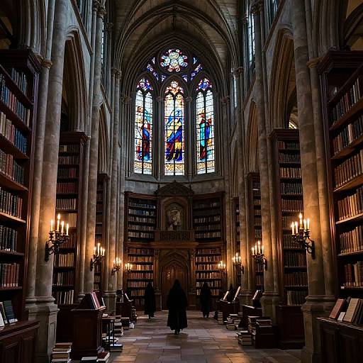 Photograph of a grand, Gothic-style library with towering arched ceilings, colorful stained glass windows, dark wood bookshelves, and warm candlelight