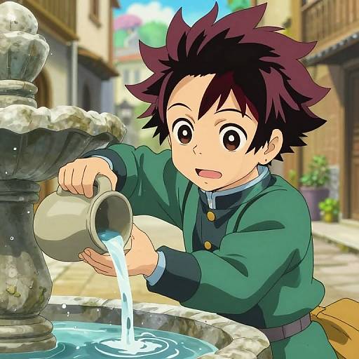 Anime-style drawing of a young boy with spiky brown hair, green uniform, pouring water from a pitcher into a stone fountain in a sunlit,