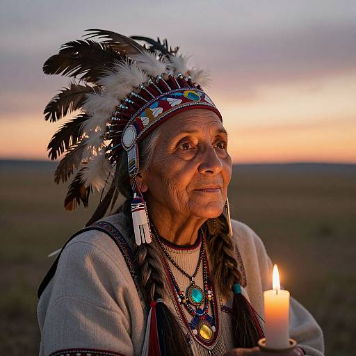 Photograph of an elderly Native American woman with weathered skin, wearing a feathered headdress, traditional jewelry, and holding a lit candle, against
