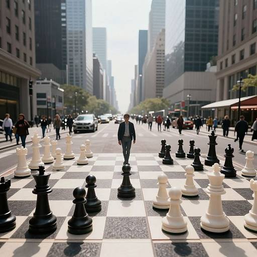 Photograph of a city street with a giant chessboard in the foreground, black and white chess pieces, and people walking in the background. Skys