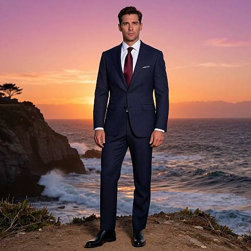 Photograph of a handsome man in a dark navy suit, white shirt, and maroon tie, standing on a rocky coastline at sunset, with an