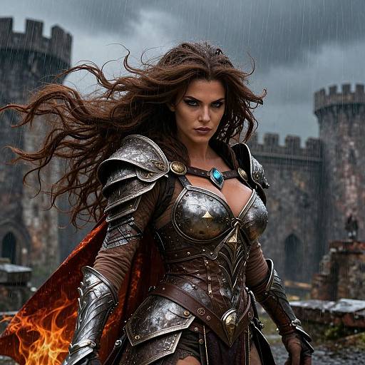 Digital art of a fierce, brunette warrior woman with flowing hair, wearing shiny silver armor with a blue gem, standing in a rainy, castle-dotted