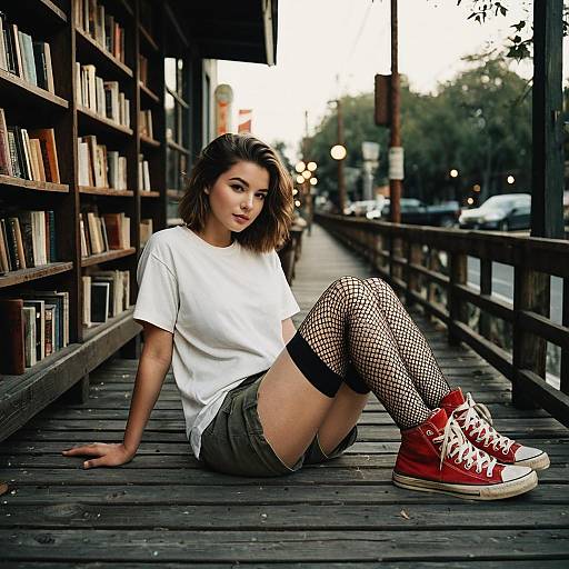 Chic Teen Fashion in Vintage Bookstore