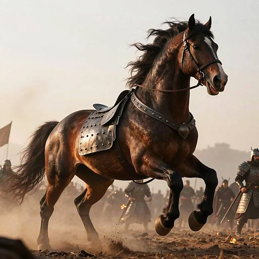 Photograph of a powerful, dark brown horse with a black mane and metallic saddle, galloping through a dusty battlefield with warriors in the background.