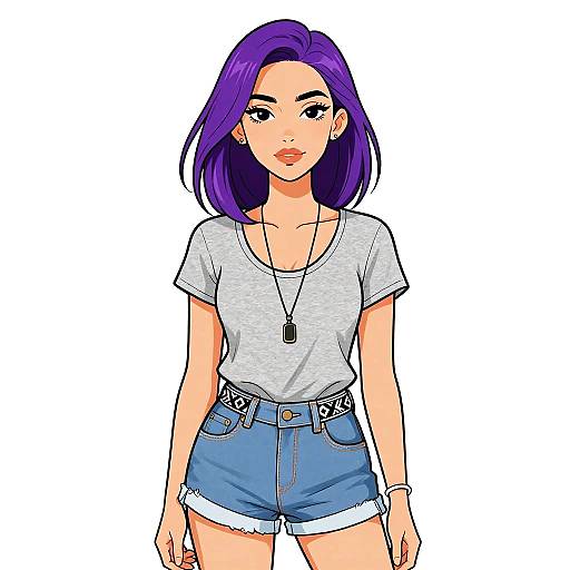 Digital anime-style drawing of a purple-haired woman with fair skin, wearing a gray T-shirt, blue denim shorts, and a necklace, standing against a