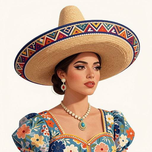 Digital illustration of a beautiful woman with fair skin, wearing a colorful floral dress, large straw sombrero with geometric trim, pearl necklace, green pendant,