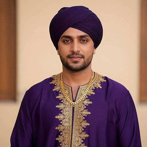 Photograph of a man with medium brown skin, black beard, dark blue turban, and navy shirt with intricate gold embroidery, standing against a softly