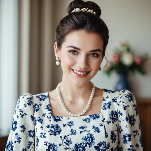 Smiling Woman in Blue Floral Dress and Pearl Jewelry